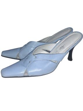 Vintage Womens Mules Light Blue Shoes Leather Clogs Heels